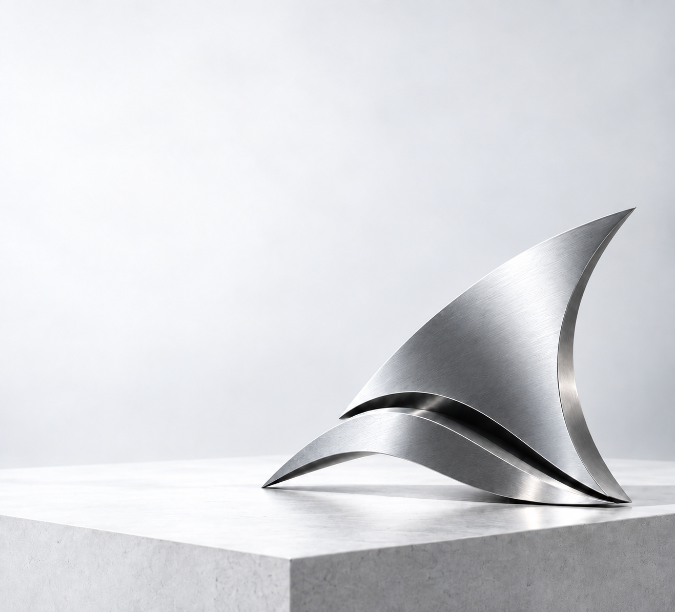 A sculpted silver GreyFin fin on a pale stone plinth